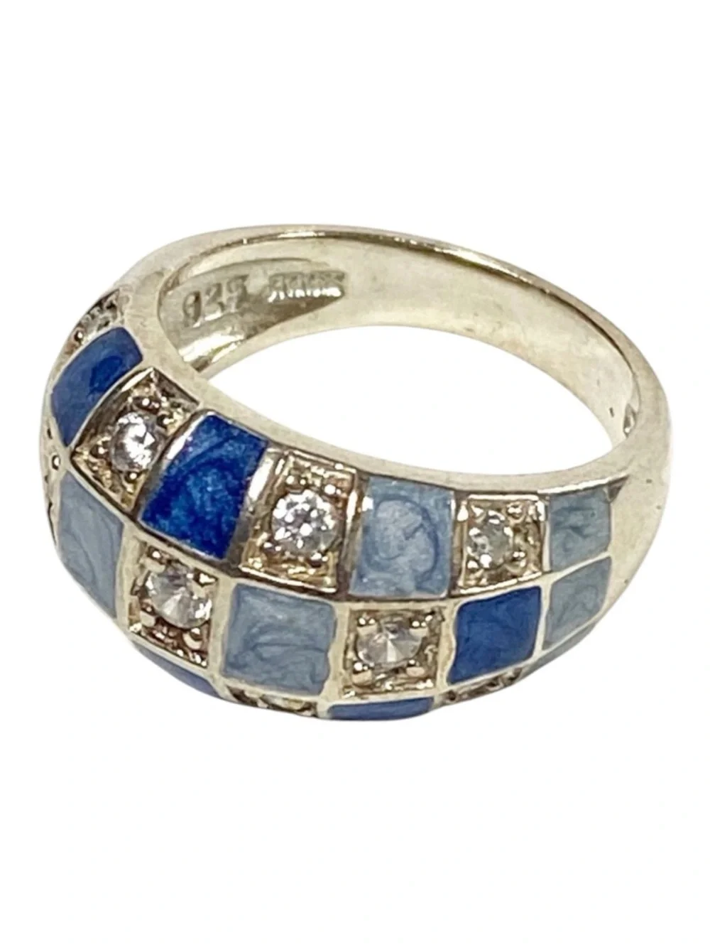 ROSS-SIMONS VTG CUBIC ZIRCONIA BLUE ENAMEL STAMPED STERLING SILVER RING SIZE 6.5